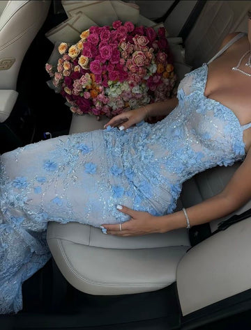 Baby Blue Sheath V Neck Beaded 3D Floral Lace Prom Dress Evening Dress HZ1023